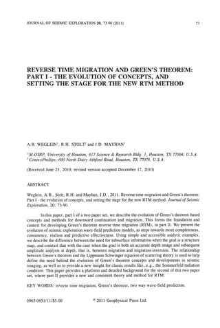 Reverse Time Migration and Green's Theorem- Professor. Arthur B. Weglein