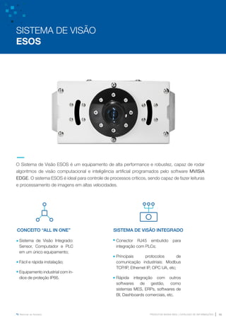 www.mvisia.com.br
PRODUTOS MVISIA WEG | CATÁLOGO DE INFORMAÇÕES 15
Retornar ao Sumário
Conector RJ45 embutido para
integração com PLCs;
Principais protocolos de
comunicação industriais: Modbus
TCP/IP, Ethernet IP, OPC UA, etc;
Rápida integração com outros
softwares de gestão, como
sistemas MES, ERPs, softwares de
BI, Dashboards comerciais, etc.
Sistema de Visão Integrado:
Sensor, Computador e PLC
em um único equipamento;
Fácil e rápida instalação;
Equipamento industrial com ín-
dice de proteção IP66.
O Sistema de Visão ESOS é um equipamento de alta performance e robustez, capaz de rodar
algoritmos de visão computacional e inteligência artificial programados pelo software MVISIA
EDGE. O sistema ESOS é ideal para controle de processos críticos, sendo capaz de fazer leituras
e processamento de imagens em altas velocidades.
SISTEMA DE VISÃO INTEGRADO
CONCEITO “ALL IN ONE”
SISTEMA DE VISÃO
ESOS
 