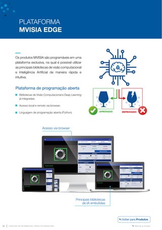 www.mvisia.com.br
CATÁLOGO DE INFORMAÇÕES | PRODUTOS MVISIA WEG
18 Retornar ao Sumário
Plataforma de programação aberta
Bibliotecas de Visão Computacional e Deep Learning
já integradas;
Acesso local e remoto via browser;
Linguagem de programação aberta (Python).
Os produtos MVISIA são programáveis em uma
plataforma exclusiva, na qual é possível utilizar
as principais bibliotecas de visão computacional
e Inteligência Artificial de maneira rápida e
intuitiva.
PLATAFORMA
MVISIA EDGE
Acesso via browser
Principais bibliotecas
de IA embutidas
Voltar para Produtos
 