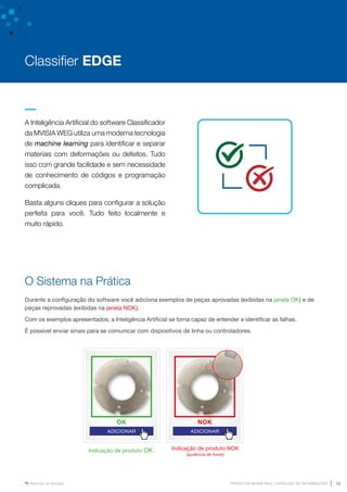 www.mvisia.com.br
PRODUTOS MVISIA WEG | CATÁLOGO DE INFORMAÇÕES 19
Retornar ao Sumário
O Sistema na Prática
Durante a configuração do software você adiciona exemplos de peças aprovadas (exibidas na janela OK) e de
peças reprovadas (exibidas na janela NOK).
Com os exemplos apresentados, a Inteligência Artificial se torna capaz de entender e identificar as falhas.
É possível enviar sinais para se comunicar com dispositivos de linha ou controladores.
OK
Indicação de produto OK
ADICIONAR
Indicação de produto NOK
(ausência de furos)
NOK
ADICIONAR
A Inteligência Artificial do software Classificador
da MVISIA WEG utiliza uma moderna tecnologia
de machine learning para identificar e separar
materiais com deformações ou defeitos. Tudo
isso com grande facilidade e sem necessidade
de conhecimento de códigos e programação
complicada.
Basta alguns cliques para configurar a solução
perfeita para você. Tudo feito localmente e
muito rápido.
Classifier EDGE
 