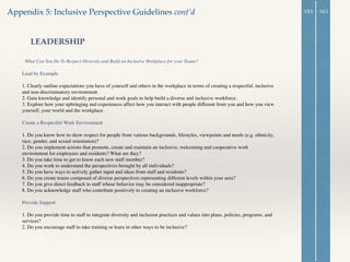 Appendix 5: Inclusive Perspective Guidelines cont’d
Lead by Example	

!
1. Clearly outline expectations you have of yourself and others in the workplace in terms of creating a respectful, inclusive
and non-discriminatory environment. 	

2. Gain knowledge and identify personal and work goals to help build a diverse and inclusive workforce. 	

3. Explore how your upbringing and experiences affect how you interact with people different from you and how you view
yourself, your world and the workplace. 	

!
Create a Respectful Work Environment 	

!
1. Do you know how to show respect for people from various backgrounds, lifestyles, viewpoints and needs (e.g. ethnicity,
race, gender, and sexual orientation)? 	

2. Do you implement actions that promote, create and maintain an inclusive, welcoming and cooperative work
environment for employees and residents? What are they? 	

3. Do you take time to get to know each new staff member? 	

4. Do you work to understand the perspectives brought by all individuals? 	

5. Do you have ways to actively gather input and ideas from staff and residents? 	

6. Do you create teams composed of diverse perspectives representing different levels within your area? 	

7. Do you give direct feedback to staff whose behavior may be considered inappropriate? 	

8. Do you acknowledge staff who contribute positively to creating an inclusive workforce? 	

!
Provide Support 	

!
1. Do you provide time to staff to integrate diversity and inclusion practices and values into plans, policies, programs, and
services? 	

2. Do you encourage staff to take training or learn in other ways to be inclusive? 	

!
LEADERSHIP
What Can You Do To Respect Diversity and Build an Inclusive Workplace for your Teams?	

YES NO
 