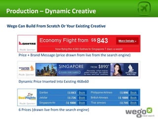 Production – Dynamic Creative

Wego Can Build From Scratch Or Your Existing Creative




      Price + Brand Message (price drawn from live from the search engine)




      Dynamic Price Inserted Into Existing 468x60




      6 Prices (drawn live from the search engine)
 