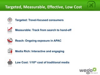 Targeted, Measurable, Effective, Low Cost

     Targeted: Travel-focused consumers


     Measurable: Track from search to hand-off


     Reach: Ongoing exposure in APAC


     Media Rich: Interactive and engaging


     Low Cost: 1/10th cost of traditional media
 