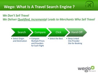 Wego: What Is A Travel Search Engine ?
We Don’t Sell Travel
We Deliver Qualified, Incremental Leads to Merchants Who Sell Travel


             Search            Compare                Click            Hand-Off

      • Select Origin     • Compare           • Select the Best   • Deep Linked
        and Destination     Multiple Prices                         Into Provider
                            and Providers                           Site for Booking
                            for Each Flight
 