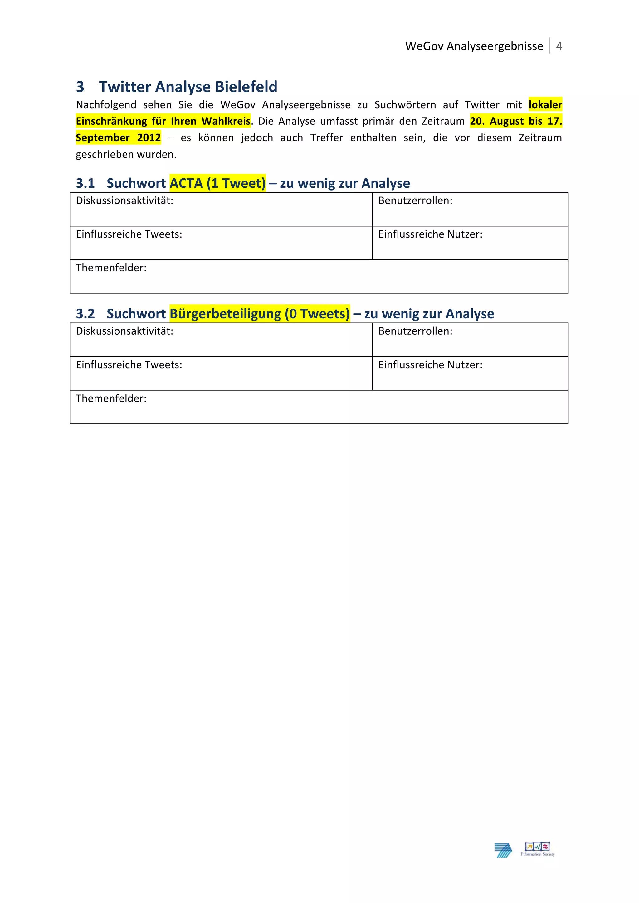  	
  WeGov	
  Analyseergebnisse	
   4	
  
	
  

3 Twitter	
  Analyse	
  Bielefeld	
  
Nachfolgend	
   sehen	
   Sie	
   die	
   WeGov	
   Analyseergebnisse	
   zu	
   Suchwörtern	
   auf	
   Twitter	
   mit	
   lokaler	
  
Einschränkung	
   für	
   Ihren	
   Wahlkreis.	
   Die	
   Analyse	
   umfasst	
   primär	
   den	
   Zeitraum	
   20.	
   August	
   bis	
   17.	
  
September	
   2012	
   –	
   es	
   können	
   jedoch	
   auch	
   Treffer	
   enthalten	
   sein,	
   die	
   vor	
   diesem	
   Zeitraum	
  
geschrieben	
  wurden.	
  

3.1 Suchwort	
  ACTA	
  (1	
  Tweet)	
  –	
  zu	
  wenig	
  zur	
  Analyse	
  
Diskussionsaktivität:	
                                                                     Benutzerrollen:	
  
	
  
Einflussreiche	
  Tweets:	
                                                                 Einflussreiche	
  Nutzer:	
  
	
                                                                                          	
  
Themenfelder:	
  
	
  

3.2 Suchwort	
  Bürgerbeteiligung	
  (0	
  Tweets)	
  –	
  zu	
  wenig	
  zur	
  Analyse	
  
Diskussionsaktivität:	
                                                                     Benutzerrollen:	
  
	
  
Einflussreiche	
  Tweets:	
                                                                 Einflussreiche	
  Nutzer:	
  
	
                                                                                          	
  
Themenfelder:	
  
	
  
	
                                             	
  




	
  
	
  
 