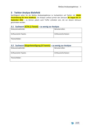 	
  WeGov	
  Analyseergebnisse	
   4	
  
	
  

3 Twitter	
  Analyse	
  Bielefeld	
  
Nachfolgend	
   sehen	
   Sie	
   die	
   WeGov	
   Analyseergebnisse	
   zu	
   Suchwörtern	
   auf	
   Twitter	
   mit	
   lokaler	
  
Einschränkung	
   für	
   Ihren	
   Wahlkreis.	
   Die	
   Analyse	
   umfasst	
   primär	
   den	
   Zeitraum	
   20.	
   August	
   bis	
   17.	
  
September	
   2012	
   –	
   es	
   können	
   jedoch	
   auch	
   Treffer	
   enthalten	
   sein,	
   die	
   vor	
   diesem	
   Zeitraum	
  
geschrieben	
  wurden.	
  

3.1 Suchwort	
  ACTA	
  (1	
  Tweet)	
  –	
  zu	
  wenig	
  zur	
  Analyse	
  
Diskussionsaktivität:	
                                                                     Benutzerrollen:	
  
	
  
Einflussreiche	
  Tweets:	
                                                                 Einflussreiche	
  Nutzer:	
  
	
                                                                                          	
  
Themenfelder:	
  
	
  

3.2 Suchwort	
  Bürgerbeteiligung	
  (0	
  Tweets)	
  –	
  zu	
  wenig	
  zur	
  Analyse	
  
Diskussionsaktivität:	
                                                                     Benutzerrollen:	
  
	
  
Einflussreiche	
  Tweets:	
                                                                 Einflussreiche	
  Nutzer:	
  
	
                                                                                          	
  
Themenfelder:	
  
	
  
	
                                             	
  




	
  
	
  
 