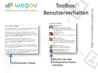 Toolbox:
                        Benutzerverhalten




                           Benutzer die viele
Einflussreiche Tweets      einflussreiche Tweets
                           schreiben
 