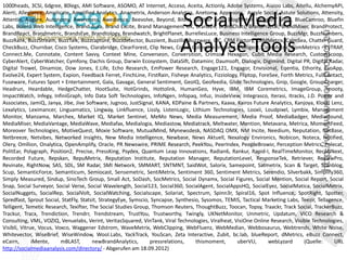 1000heads, 3CSI, 6dgree, 80legs, AMI Software, ASOMO, AT Internet, Acceso, Aceita, Actionly, Adobe Systems, Aiaioo Labs, Aitellu, AlchemyAPI,
Alerti, Allegiance, Amplicate, Amplified Analytics, Anametrix, Anderson Analytics, Anetomy, Appinions, Argyle Social, Astute Solutions, Attensity,

                                                                             Social Media
Attentio, Augure, Autonomy, Awareness, Awedience, Beevolve, Beyond, Bitext, Blether Labs, BlogMeter, Bloggers' Mind, BlueCamroo, Bluefin
Labs, Bolero Web Intelligence, Brand Aura, Brand Excite, Brand Management UK, Brand24, BrandChats, BrandFractal, BrandMixer, BrandProtect,
BrandReact, Brandmetric, BrandsEye, Brandtology, Brandwatch, BrightPlanet, BurrellesLuce, Business Intelligence Group, BuzzMgr, BuzzNumbers,

                                                                             Analyse Tools
BuzzRank, BuzzStream, BuzzTalk, Buzzcapture, Buzzdetector, Buzzient, Buzzilla, Buzzware, CIC, CRM Factory, CRMMetrix, CalmSea, Chatter Guard,
CheckBuzz, Churnbar, Cisco Systems, Clarabridge, ClearForest, Clip News, Cogia, Collective Intellect, Colligent, ComMetric, ComMetrics - CyTRAP,
Connect.Me, Connotate, Content Savvy, Context Mine, Converseon, Conversition, Crimson Hexagon, Cubit Media Research, CustomScoop,
CyberAlert, CyberWatcher, Cymfony, Dachis Group, Darwin Ecosystem, DataSift, Dataminr, Daumsoft, Dialogix, Digimind, Digital PR, Digital Radar,
Digital Trowel, Dinamize, Dow Jones, E.Life, Echo Research, EmPower Research, Engage121, Engagor, Envisional, Eqentia, Ethority, EvoApp,
Evolve24, Expert System, Expion, Feedback Ferret, FinchLine, FirstRain, Fisheye Analytics, Fizziology, Fliptop, ForeSee, Forth Metrics, FullContact,
Fuseware, Futures Sport + Entertainment, Gala, Gavagai, General Sentiment, GeoIQ, Geofeedia, Glide Technologies, Gnip, Google, GroupCharger,
Headrun, Heardable, HedgeChatter, HootSuite, HotGrinds, Hottolink, HumanGeo, Hyve, IBM, IBM Coremetrics, ImageGroup, Imooty,
ImpactWatch, Infegy, InfiniGraph, Info Data Soft Technologies, InfoNgen, Infopaq, Infuz, InsideView, Integrasco, Iterasi, Itracks, J.D. Power and
Associates, JamiQ, Janya, Jibe, Jive Software, Jugnoo, JustSignal, KANA, KDPaine & Partners, Kaava, Kairos Future Analytics, Kanjoya, Klout, Lenz,
Lexalytics, Leximancer, Linguamatics, Lingway, Linkfluence, Lissly, ListenLogic, Lithium Technologies, Looxii, Loudpixel, Lymbix, Management
Monitor, Manzama, Marchex, Market IQ, Market Sentinel, MeMo News, Media Measurement, Media Proof, MediaBadger, MediaHound,
MediaMiser, MediaVantage, MediaWave, Mediafax, Medialogia, Mediastow, Mediatrack, Meltwater, Mention, Metavana, Metrica, MomentFeed,
Moreover Technologies, MotiveQuest, Moxie Software, MutualMind, Mynewsdesk, NASDAQ OMX, NM Incite, Needium, Neputation, NetBase,
Netbreeze, Netvibes, Networked Insights, New Media Intelligence, Newbase, News Aktuell, Nexalogy Environics, Nobicon, Noteca, Notified,
Olery, Omllion, Onalytica, OpenAmplify, Oracle, PR Newswire, PRIME Research, PeekYou, PeerIndex, PeopleBrowsr, Perception Metrics, Polecat,
PolitEar, Polygraph, Position2, Precise, PressKing, Psydex, Quantum Leap Innovations, Radian6, Rankur, Rapid-I, RealTimeMonitor, RecoNNext,
Recorded Future, Repskan, RepuMetrix, Reputation Institute, Reputation Manager, ReputationLevel, ResponseTek, Retriever, ReviewPro,
Revinate, RightNow, SAS, SDL, SM Radar, SMI Network, SMMART, SNTMNT, SaidWot, Salorix, Samepoint, Satmetrix, Scan & Target, Scanblog,
Scup, SemanticForce, Semanticum, Semiocast, Sensemetric, SentiMetrix, Sentiment 360, Sentiment Metrics, Serendio, Silverbakk, Simplify360,
Simply Measured, Sindup, SinoTech Group, Small Act, SoDash, SocMetrics, Social Dynamx, Social Figures, Social Mention, Social Report, Social
Snap, Social Surveyor, Social Verse, Social Wavelength, Social123, Social360, SocialAgent, SocialAppsHQ, SocialEyez, SocialMatica, SocialMetrix,
SocialNuggets, SocialRep, SocialVolt, SocialWatching, Socialscape, Solariat, Spectrum, Spinn3r, Spiral16, Spot Influence, SpotRight, Spotter,
Spredfast, Sprout Social, StatFly, Statsit, StrategyEye, Symscio, Syncapse, Synthesio, Sysomos, TEMIS, Tactical Marketing Labs, Teezir, Tellagence,
Telligent, Temetic Research, Texifter, The Social Studies Group, Thomson Reuters, ThoughtBuzz, Toocan, Topsy, Traackr, Track Social, TrackerBuzz,
Trackur, Tracx, Trendiction, Trendrr, Trendstream, TrustYou, Trustworthy, Twingly, UKNetMonitor, Unmetric, Updatum, VICO Research &
Consulting, VML, VOZIQ, Venuelabs, Verint, VeritasSquared, VinTank, Viral Technologies, Viralheat, VisiOne Online Research, Visible Technologies,
Visibli, Vitrue, Vocus, Voxco, Waggener Edstrom, WaveMetrix, WebClipping, WebFluenz, WebMedian, Webbosaurus, Webtrends, White Noise,
Whitevector, WiseBrief, WiseWindow, Wool.Labs, YackTrack, YouScan, Zeta Interactive, Zubit, bc.lab, blueReport, dMetrics, eBuzz Connect,
eCairn,       iMente,     mBLAST,       newBrandAnalytics,       pressrelations,    thismoment,      uberVU,        webLyzard     (Quelle:      URL
http://socialmediaanalysis.com/directory/ - Abgerufen am 18.09.2012)
 
