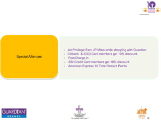15The Chemists India Trusts TM
- Jet Privilege Earn JP Miles while shopping with Guardian
- Citibank & ICICI Card members get 10% discount.
- FreeCharge.in
- SBI Credit Card members get 10% discount.
- American Express 10 Time Reward Points
Special Alliances
 