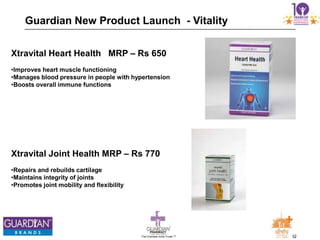 32The Chemists India Trusts TM
Xtravital Heart Health MRP – Rs 650
•Improves heart muscle functioning
•Manages blood pressure in people with hypertension
•Boosts overall immune functions
Xtravital Joint Health MRP – Rs 770
•Repairs and rebuilds cartilage
•Maintains integrity of joints
•Promotes joint mobility and flexibility
Guardian New Product Launch - Vitality
 