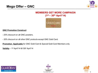 5The Chemists India Trusts TM
Mega Offer – GNC
GNC Promotion Construct
- 25% discount on all GNC powders.
- 30% discount on all other GNC products except GNC Gold Card.
Promotion Applicable for GNC Gold Card & Special Gold Card Members only
Validity – 1st April‟14 till 30th April‟14
MEMBERS GET MORE CAMPAIGN
(1st – 30th April’14)
 