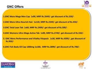 8The Chemists India Trusts TM
GNC Offers
1.GNC Mens Mega Men Cap 1x90, MRP Rs.2649/- get discount of Rs.550/-
2.GNC Mens Ultra Nourish Hair 1x120, MRP Rs.2349/- get discount of Rs.450/-
3.GNC Total Lean Tab 1x60, MRP Rs.2499/- get discount of Rs.500/-
4.GNC Womens Ultra Mega Active Tab 1x90, MRP Rs.2749/- get discount of Rs.550/-
5. GNC Mens Performance and Vitality Vitapack 1x30, MRP Rs.4399/-, get discount of
Rs.950/-
6.GNC Fish Body Oil Cap 1000mg 1x180, MRP Rs.2899/- get discount of Rs.700/-
 