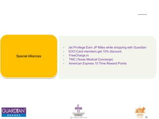 22The Chemists India Trusts
TM
- Jet Privilege Earn JP Miles while shopping with Guardian
- ICICI Card members get 10% discount.
- FreeCharge.in
- TMC (Texas Medical Concierge)
- American Express 10 Time Reward Points
Special Alliances
 