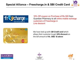 18The Chemists India Trusts TM
Special Alliance – Freecharge.in & SBI Credit Card
10% Off coupon on Purchase of Rs 500 from
Guardian Pharmacy to all online mobile recharge
customers of Freecharge.in
Line discount
We have tied up with SBI Credit card which
allows their customer to get 10% discount on
the bill amount of Rs. 500/- & above
 