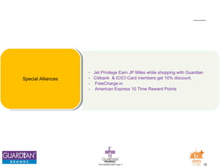 - Jet Privilege Earn JP Miles while shopping with Guardian 
- Citibank & ICICI Card members get 10% discount. 
- FreeCharge.in 
- American Express 10 Time Reward Points 
The Chemists India Trusts TM 18 
Special Alliances 
 