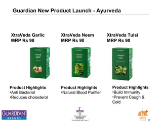 Guardian New Product Launch - Ayurveda 
The Chemists India Trusts TM 27 
Product Highlights 
•Anti Bacterial 
•Reduces cholesterol 
XtraVeda Neem 
MRP Rs 90 
XtraVeda Tulsi 
MRP Rs 90 
XtraVeda Garlic 
MRP Rs 90 
Product Highlights 
•Natural Blood Purifier 
Product Highlights 
•Build Immunity 
•Prevent Cough & 
Cold 
 