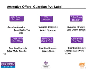 Offer Price 
Rs. 63/- 
Guardian Xtracare 
Cold Cream 100gm 
Attractive Offers- Guardian Pvt. Label 
The Chemists India Trusts TM 5 
Offer Price 
Rs. 180/- 
Guardian Xtravital 
Bone Health Tab 
1x60 
Offer Price 
Rs. 699/- 
Guardian Xtraveda 
Safed Mulsi Tone 1x 
60 
Offer Price 
Rs. 68/- 
Guardian Xtracare 
Shampoo Aloe Vera 
200ml 
20% 
Discount 
Guardian Electronic 
Switch Cigarette 
Buy Any 3 
Get 1 Free 
Guardian Xtracare 
Soaps125 gm 
 