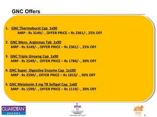 The Chemists India Trusts TM 9 
GNC Offers 
1. GNC Thermoburst Cap 1x90 
MRP - Rs 3149/- , OFFER PRICE – Rs 2361/-, 25% OFF 
2. GNC Mens Arginmax Tab 1x90 
MRP - Rs 3149/- , OFFER PRICE – Rs 2361/- , 25% OFF 
3. GNC Triple Ginseng Cap 1x90 
MRP - Rs 2549/-, OFFER PRICE – Rs 1784/- , 30% OFF 
4. GNC Super Digestive Enzyme Cap 1x100 
MRP - Rs 2599/-, OFFER PRICE – Rs 1819/- , 30% OFF 
5. GNC Melatonin 3 mg TR Softgel Cap 1x60 
MRP - Rs 1599/- , OFFER PRICE – Rs 1119/- , 30% OFF 
 
