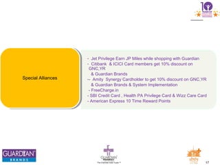 17The Chemists India Trusts TM
- Jet Privilege Earn JP Miles while shopping with Guardian
- Citibank & ICICI Card members get 10% discount on
GNC,YR
& Guardian Brands
-- Amity Synergy Cardholder to get 10% discount on GNC,YR
& Guardian Brands & System Implementation
- FreeCharge.in
- SBI Credit Card , Health PA Privilege Card & Wizz Care Card
- American Express 10 Time Reward Points
Special Alliances
 