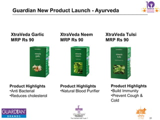 31The Chemists India Trusts TM
Guardian New Product Launch - Ayurveda
Product Highlights
•Anti Bacterial
•Reduces cholesterol
XtraVeda Neem
MRP Rs 90
XtraVeda Tulsi
MRP Rs 90
XtraVeda Garlic
MRP Rs 90
Product Highlights
•Natural Blood Purifier
Product Highlights
•Build Immunity
•Prevent Cough &
Cold
 
