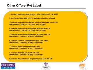 The Chemists India Trusts TM 6 
Other Offers- Pvt Label 
1. The Buck Stops Here, MRP Rs.499/- , Offer Price Rs.249/- , 50 % OFF 
2. The Corner Office, MRP Rs.195/-, Offer Price Rs.156/- , 20% OFF 
3. Guardian Xtramuscle 100% Whey Protein (Chocolate & Vanilla) 2lb 
MRP Rs.2499/-, Offer Price Rs.2249/- ,Save Rs.250/- 
4. Guardian Xtramuscle Weight Gainer 1800 Chocolate 4 lb, 
MRP Rs.1799/-, Offer Price Rs.1550/- ,Save Rs.249/- 
5. Guardian Xtramuscle Weight Gainer 1800 Chocolate 2 lb, 
MRP Rs.999/-, Offer Price Rs.849/- ,Save Rs.150/- 
6. Guardian Guardian Xtraveda Safed Musli Tone 1x60, 
MRP Rs.799/-, Offer Price Rs.700/- ,Save Rs.99/- 
7. Guardian Xtravital Bone Health Tab 1x60, 
MRP Rs.250/-, Offer Price Rs.225/- ,Save Rs.25/- 
8. Guardian Xtra Vital Eye Health Tab 1x60 
MRP Rs.299/-, Offer Price Rs.270/- ,Save Rs.29/- 
9. Guardian Ayurvedic Juices Range 500ml, Buy 2 Get 10% Off 
 