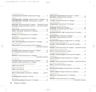 48 Wegwijs in Zedelgem
CONTAINERVERHUUR
Containerverhuur Corneillie: Krakeleweg 59, Brugge. .......................8
CRÈCHE
Kinderdagverblijf ‘t Lachbekje: Loppemsestraat 14, Zedelgem......38
Kinderdagverblijf ‘t Sloebertje: Varsenareweg 7c, Jabbeke. ...........38
DAGBLADHANDEL
Autostrade: Torhoutsesteenweg 73, Loppem. .....binnenkaft vooraan
Autostrade: Wingenesteenweg 67, Beernem. .....binnenkaft vooraan
DAKWERKEN
Rony Loccufier: Industriestraat 7b, Aartrijke. ......................................44
Smalle - Van Loocke: Voldersstraat 4, Oostkamp. ..............................42
DECORATIEWERKEN
Mathys Luc: Koning Albertstraat 152, Veldegem. ...............................42
DEPANNAGE
Willy Deham: Snellegemsestraat 76, Zedelgem. .................................52
DIERENSPECIAALZAAK
Horta / Dirk Dejonckheere: Kruishillestraat 21, Zedelgem. .............32
DIGITAL PRINTING
Himrey Screen: Torhoutsesteenweg 228 A/8, Zedelgem. ......................
..........................................................................................binnenkaft achteraan
DOMOTICA
De Schacht Lieven: Diksmuidse Heirweg 37, Zedelgem. ..................34
S.E.S. Van Acker: Kattestraat 20, Loppem. ............................................32
DRESSINGS
Woonfase: Torhoutsesteenweg 157a, Zedelgem. .....................................
..........................................................................................binnenkaft achteraan
ELEKTRICITEIT
De Schacht Lieven: Diksmuidse Heirweg 37, Zedelgem. ..................34
Lumitech: Ruddervoordsestraat 127, Zedelgem. .................................38
ELEKTRICITEIT DISTRIBUTIENETBEHEERDER
Eandis: www.eandis.be ................................................................................32
ENERGIELEVERANCIER
Eandis: www.eandis.be ...............................................................................32
FEESTCOMITÉ ZELFSTANDIGEN
Albert & Astrid Comité: Mariastraat 1, Veldegem. .................20 & 21
FEESTEN
De Wonderlamp: Dorpwegel 4, Aartrijke. ................................................6
FISCALITEIT
Thys-Vannieuwenborgh: Pierlapont 72, Zedelgem. ...........................34
FUNERARIUM
Allemeersch Uitvaartcentrum: Steenstraat 1, Aartrijke. ....................2
Noël Hollez: Aartrijksestraat 84, Aartrijke. ............................................28
GESCHENKARTIKELEN
‘t Prutske: Koningin Astridstraat 16, Veldegem. ....................................6
GEVELBEKLEDING
Vanspeybrouck: Kloosterstraat 129, Veldegem. .....................................2
GEZINS- & BEJAARDENZORG
Familiehulp: Nieuwstraat 4, Brugge. .......................................................36
Familiezorg: Sint-Rembertlaan 20, Torhout. ........................................40
GEZONDHEIDSZORG
Revalidatiecantrum ‘t Veld: Ichtegemsestraat 32, Aartrijke. ............6
GRAFZERKEN
David Gebroeders: Schatting 14, Zedelgem. ........................................36
Noël Hollez: Aartrijksestraat 84, Aartrijke. ............................................28
GRONDWERKEN
Bouwmaterialen Clarysse: Aartrijksestraat 121, Aartrijke. ................8
HAARVERZORGINGSPRODUCTEN
Herbalife / Liliane Devooght: Groenestraat 88, Zedelgem. .............44
HARDWARE
Dataplan: Torhoutsesteenweg 160, Zedelgem. ...binnenkaft vooraan
HOOGWERKER (VERHUUR VAN)
Borhite: Torhoutsesteenweg 30, Loppem. ..............................................14
HUIDVERZORGINGSPRODUCTEN
Herbalife / Liliane Devooght: Groenestraat 88, Zedelgem. .............44
IMMOBILIËN
Lumaro Vastgoed: Koningin Astridstraat 27, Veldegem. ..................16
INFORMATICA
Dataplan: Torhoutsesteenweg 160, Zedelgem. ...binnenkaft vooraan
INJECTEREN TEGEN VOCHT
Borhite: Torhoutsesteenweg 30, Loppem. .............................................14
ISOLATIES
Bouwmaterialen Clarysse: Aartrijksestraat 121, Aartrijke. ................8
KAPSALON
Coiffure O-Belle: Koningin Astridstraat 22, Veldegem. ....................32
KARWEIDIENST
Mathys Luc: Koning Albertstraat 152, Veldegem. ...............................42
KEUKENS
Woonfase: Torhoutsesteenweg 157a, Zedelgem. .....................................
..........................................................................................binnenkaft achteraan
Gids Zedelgem 2013 01-03-2013 10:10 Pagina 48
 