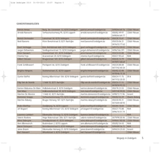 Wegwijs in Zedelgem 5
GEMEENTERAADSLEDEN
Patrick Arnou Burg. Jos. Lievensstr. 12, 8210 Zedelgem patrick.arnou@zedelgem.be 0490/64.69.76 CD&V-Nieuw
Arnold Naessens Torhoutsesteenweg 95, 8210 Loppem arnold.naessens@zedelgem.be 050/82.49.97 CD&V-Nieuw
0490/64.69.77
Annick Vermeulen Lanestraat 30, 8210 Veldegem annick.vermeulen@zedelgem.be 050/28.15.61 CD&V-Nieuw
Noël Baesens Peter Benoitstraat 8, 8211 Aartrijke noel.baesens@zedelgem.be 050/20.06.31 CD&V-Nieuw
0476/33.77.63
Geert Verhegge Kon. Astridstraat 66A, 8210 Veldegem geert.verhegge@zedelgem.be 0497/52.09.02 CD&V-Nieuw
Jurgen Dehaemers Snellegemsestraat 72, 8210 Zedelgem jurgen.dehaemers@zedelgem.be 0496/166.391 CD&V-Nieuw
Peter Haesaert Groenestraat 161, 8210 Zedelgem peter.haesaert@zedelgem.be 050/24.03.88 CD&V-Nieuw
Etienne Feys Acaciastraat 20, 8210 Veldegem etienne.feys@zedelgem.be 050/27.95.63 NVA
Gilbert Deruwe Brugsestraat 169, 8210 Zedelgem gilbert.deruwe@zedelgem.be 050/20.12.79 CD&V-Nieuw
0478/57.68.64
Frank Schillewaert Pierlapont 66, 8210 Zedelgem frank.schillewaert@zedelgem.be 050/20.88.08 CD&V-Nieuw
0477/42.40.34
Brigitte Himpens Stationsstraat 2C, 8210 Loppem brigitte.himpens@zedelgem.be 050/82.33.98 CD&V-Nieuw
0478/46.15.34
Gunter Boffel Koning Albertstraat 184, 8210 Veldegem gunter.boffel@zedelgem.be 050/24.17.75 SP.A
0477/32.20.35
Filip Van de Voorde ‘t Veld 10, 8211 Aartrijke filip.van.de.voorde@zedelgem.be 050/24.11.14 CD&V-Nieuw
0478/34.93.33
Katrien Walcarius-De Maré Hollebekestraat 8, 8210 Zedelgem katrien.demare@zedelgem.be 050/78.23.55 CD&V-Nieuw
Tom Maes Hollevoordestraat 59, 8210 Veldegem tom.maes@zedelgem.be 0497/40.99.05 CD&V-Nieuw
Martine De Meester ‘t Veld 42, 8211 Aartrijke martine.demeester@zedelgem.be 0498/72.11.96 Groen!
Dominiek Sneppe Torhoutsesteenweg 115, 8210 Zedelgem dominiek.sneppe@zedelgem.be 050/82.52.29 Vlaams Belang
Martine Rabaey Brugse Heirweg 187, 8211 Aartrijke martine.rabaey@zedelgem.be 050/20.94.31 CD&V-Nieuw
0474/69.48.93
Pedro Matthys Zeedijkweg 16, 8210 Loppem pedro.matthys@zedelgem.be 050/84.18.84 CD&V-Nieuw
Jef Bogaert Koning Albertstraat 125, 8210 Veldegem jef.bogaert@zedelgem.be 050/27.75.88 NVA
0496/10.51.74
Laurence Lambert Diksmuidse Heirweg 12, 8210 Zedelgem laurence.lambert@zedelgem.be NVA
Valerie Roelens Hoge Rokersstraat 30A, 8211 Aartrijke valerie.roelens@zedelgem.be 0479/90.00.46 CD&V-Nieuw
Wino Debruyne Stroelputstraat 41, 8210 Veldegem wino.debruyne@zedelgem.be 0498/67.80.58 CD&V-Nieuw
Ann Allemeersch Buskinslaan 2, 8210 Loppem ann.allemeersch@zedelgem.be 050/82.54.43 NVA
Aäron Demeyere Boterbloemstraat 8, 8210 Veldegem aaron.demeyere@zedelgem.be 0494/89.56.72 NVA
Janos Braem Diksmuidse Heirweg 23, 8210 Zedelgem janos.braem@zedelgem.be 0494/24.25.83 Groen!
Bart Haesaert Wisselstraat 5, 8210 Zedelgem bart.haesaert@zedelgem.be CD&V-Nieuw
Gids Zedelgem 2013 01-03-2013 10:07 Pagina 5
 