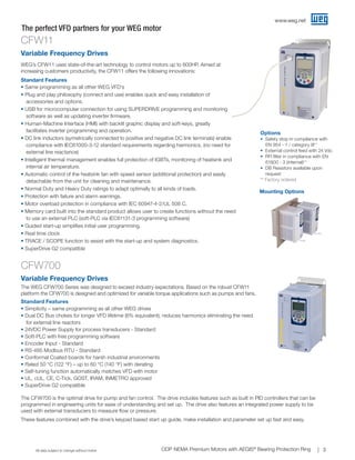 www.weg.net

The perfect VFD partners for your WEG motor

CFW11
Variable Frequency Drives
WEG’s CFW11 uses state-of-the-art technology to control motors up to 600HP. Aimed at
increasing customers productivity, the CFW11 offers the following innovations:
Standard Features
• Same programming as all other WEG VFD‘s
• Plug and play philosophy (connect and use) enables quick and easy installation of
accessories and options.
•  SB for microcomputer connection for using SUPERDRIVE programming and monitoring
U
software as well as updating inverter firmware.
• Human-Machine Interface (HMI) with backlit graphic display and soft-keys, greatly
facilitates inverter programming and operation.
• DC link inductors (symetrically connected to positive and negative DC link terminals) enable
compliance with IEC61000-3-12 standard requirements regarding harmonics, (no need for
external line reactance)
• Intelligent thermal management enables full protection of IGBTs, monitoring of heatsink and
internal air temperature.
• Automatic control of the heatsink fan with speed sensor (additional protection) and easily

detachable from the unit for cleaning and maintenance.
• Normal Duty and Heavy Duty ratings to adapt optimally to all kinds of loads.
• Protection with failure and alarm warnings.
• Motor overload protection in compliance with IEC 60947-4-2/UL 508 C.
• Memory card built into the standard product allows user to create functions without the need
to use an external PLC (soft-PLC via IEC61131-3 programming software)
• Guided start-up simplifies initial user programming.
• Real time clock
• TRACE / SCOPE function to assist with the start-up and system diagnostics.
•  uperDrive G2 compatible
S

Options
•
	
•
•

Safety stop in compliance with
EN 954 - 1 / category III**
External control feed with 24 Vdc
RFI filter in compliance with EN
61800 - 3 (internal)**
• DB Resistors available upon
request
** Factory ordered

Mounting Options

CFW700
Variable Frequency Drives
The WEG CFW700 Series was designed to exceed industry expectations. Based on the robust CFW11
platform the CFW700 is designed and optimized for variable torque applications such as pumps and fans.
Standard Features
• Simplicity – same programming as all other WEG drives
• Dual DC Bus chokes for longer VFD lifetime (6% equivalent), reduces harmonics eliminating the need
for external line reactors
• 24VDC Power Supply for process transducers - Standard
• Soft-PLC with free programming software
• Encoder Input - Standard
• RS-485 Modbus RTU - Standard
• Conformal Coated boards for harsh industrial environments
• Rated 50 °C (122 °F) – up to 60 °C (140 °F) with derating
• Self-tuning function automatically matches VFD with motor
• UL, cUL, CE, C-Tick, GOST, IRAM, INMETRO approved
• SuperDrive G2 compatible
The CFW700 is the optimal drive for pump and fan control. The drive includes features such as built in PID controllers that can be
programmed in engineering units for ease of understanding and set up. The drive also features an integrated power supply to be
used with external transducers to measure flow or pressure.
These features combined with the drive’s keypad based start up guide, make installation and parameter set up fast and easy.

All data subject to change without notice

ODP NEMA Premium Motors with AEGIS® Bearing Protection Ring

3

 