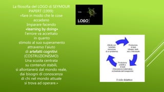 La filosofia del LOGO di SEYMOUR
PAPERT (1999):
«fare in modo che le cose
accadano
Imparare facendo
«learning by doing»
l’errore va accettato
in quanto
stimolo al suo superamento
attraverso l’aiuto
di artefatti cognitivi
(COSTRUZIONISMO)
Una scuola centrata
su contenuti stabili,
si allontanerà dal mondo reale,
dai bisogni di conoscenza
di chi nel mondo attuale
si trova ad operare.»
 