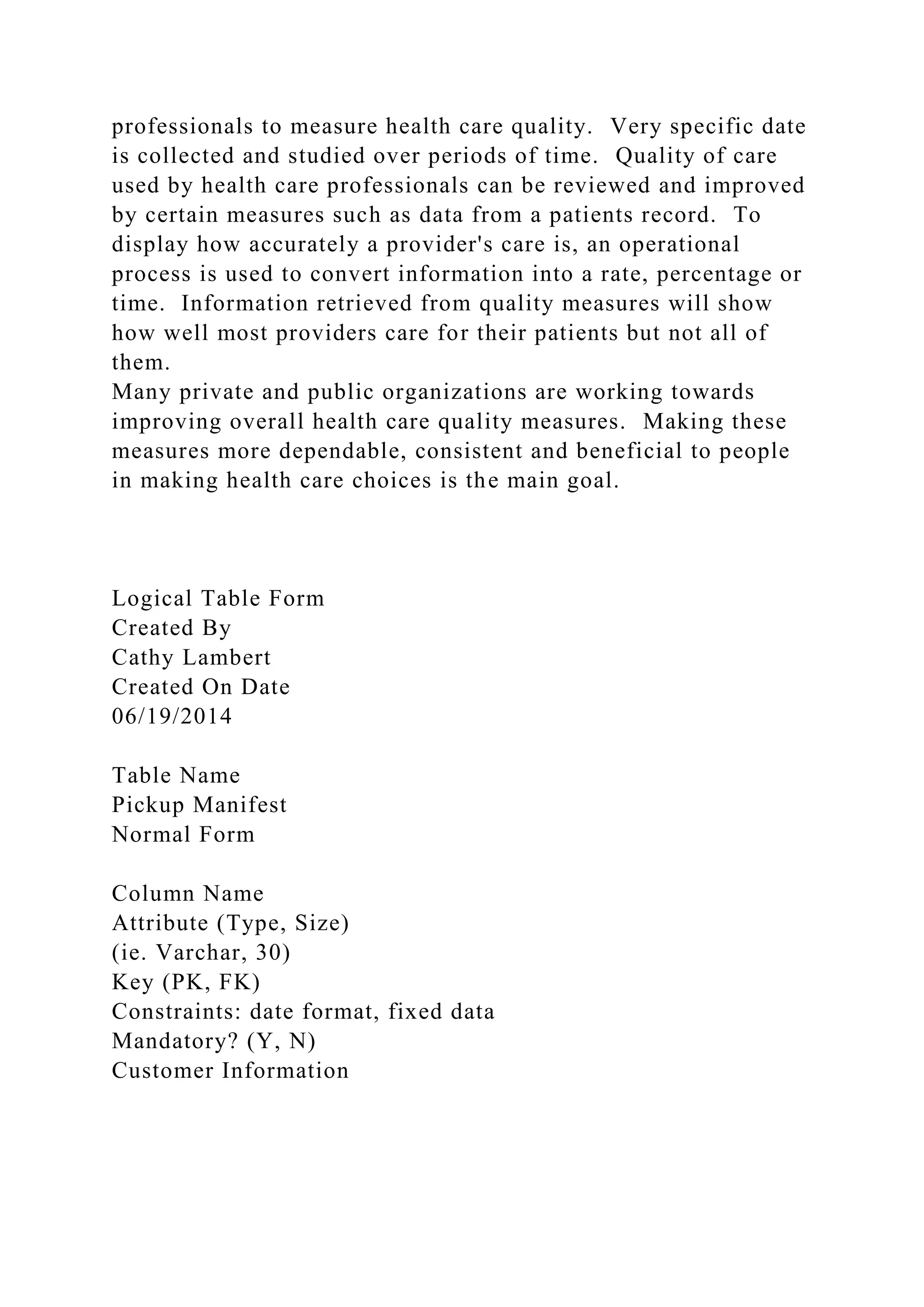 professionals to measure health care quality. Very specific date
is collected and studied over periods of time. Quality of care
used by health care professionals can be reviewed and improved
by certain measures such as data from a patients record. To
display how accurately a provider's care is, an operational
process is used to convert information into a rate, percentage or
time. Information retrieved from quality measures will show
how well most providers care for their patients but not all of
them.
Many private and public organizations are working towards
improving overall health care quality measures. Making these
measures more dependable, consistent and beneficial to people
in making health care choices is the main goal.
Logical Table Form
Created By
Cathy Lambert
Created On Date
06/19/2014
Table Name
Pickup Manifest
Normal Form
Column Name
Attribute (Type, Size)
(ie. Varchar, 30)
Key (PK, FK)
Constraints: date format, fixed data
Mandatory? (Y, N)
Customer Information
 