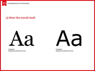 03
Georgia
designed by Matthew Carter
Verdana
designed by Matthew Carter
a) How the words look
Aa Aa
Fundamentals of Typog...