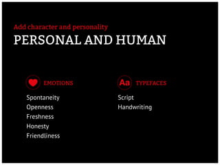 EMOTIONs TYPEFACES
Spontaneity
Openness
Freshness
Honesty
Friendliness
Script
Handwriting
PERSONAL AND HUMAN
Aa
Add charac...