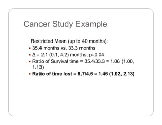 Cancer Study ExampleCancer Study Example
Restricted Mean (up to 40 months):
 35.4 months vs. 33.3 months
 ∆ = 2 1 (0 1 4 2) months; p=0 04 ∆ = 2.1 (0.1, 4.2) months; p=0.04
 Ratio of Survival time = 35.4/33.3 = 1.06 (1.00,
1.13)
 Ratio of time lost = 6.7/4.6 = 1.46 (1.02, 2.13)
 