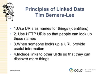 Principles of Linked DataTim Berners-Lee1.Use URIs as names for things (identifiers)2. Use HTTP URIs so that people can look up those names3.When someone looks up a URI, provide useful information4.Include links to other URIs so that they can discover more things