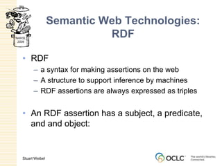 Semantic Web Technologies:RDFRDFa syntax for making assertions on the webA structure to support inference by machinesRDF assertions are always expressed as triplesAn RDF assertion has a subject, a predicate, and and object: