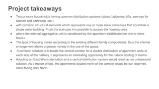 Project takeaways
● Two or more households having common distribution systems (stairs, balconies, lifts, services for
kitchen and bathroom ,etc.)
● with common structural elements,which represents one or more linear staircases that constitute a
single serial building. From the staircase it is possible to access the housing units.
● where the internal aggregative unit is constituted by the apartment (distributed on one or more
floors).
● The type of housing varies according to the existing different family compositions, thus the internal
arrangement allows a greater variety in the use of the space.
● A common solution is to locate the central corridor for a double distribution of apartment units at
each side of the hallway. It represents an interesting opportunity for the natural cooling of rooms.
● Adopting an East-West orientation and a central distribution system would result as an unbalanced
solution. As a matter of fact, the apartments located north of the corridor would be sun-deprived
since facing only North.
 