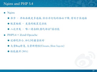 Nginx and PHP 5.4	

l?? Nginx	

l?? 첽 C ظ, ֲл½, ڳ	

l?? ñ C ߵ	

l?? ο C ΨһID,7㹦	

l?? PHP5.4 + Zend Opcache	

l?? ǨƴС, 5.2ļԺ	

l?? Bug޸, (Closure, Slow log etc)	

l??  (30%)	

19 ?
 