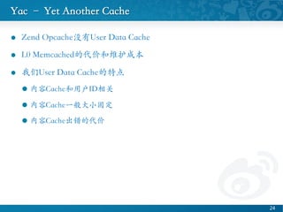 Yac C Yet Another Cache	

l?? Zend OpcacheûUser Data Cache	

l?? L0 MemcachedĴۺάɱ	

l?? User Data Cacheص	

l?? CacheûID	

l?? CacheһС̶	

l?? CacheĴ	

24 ?
 