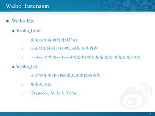 Weibo Extension	

l?? Weibo Ext	

l?? Weibo_Conf	

1.? ApacheʱParse	

2.? ForkʱCOW, ⹲ڴ	

3.? LookupֻҪһzvalĸ(ʱ临Ӷ,ռ临Ӷ O(1))	

l?? Weibo_Util	

1.? ܼ/PHPű޷ʵֵĹ	

2.? ҵ޹	

3.? ID encode, At, Link, Topic 	

7 ?
 
