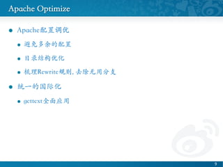 Apache Optimize	

l?? Apacheõ	

l?? 	

l?? Ŀ¼ṹŻ	

l?? Rewrite, ȥ÷֧	

l?? ͳһĹʻ	

l?? gettextȫӦ	

9 ?
 