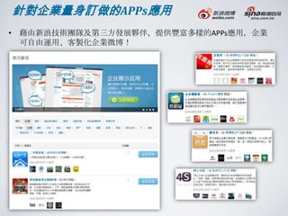 針對企業量身訂做的APPs應用
• 藉由新浪技術團隊及第三方發展夥伴，提供豐富多樣的APPs應用，企業
  可自由運用、客製化企業微博！
 