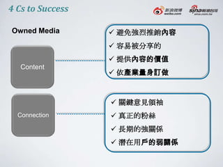 4 Cs to Success

Owned Media        避免強烈推銷內容
                   容易被分享的
                   提供內容的價值
   Content
                   依產業量身訂做



                   關鍵意見領袖
  Connection       真正的粉絲
                   長期的強關係
                   潛在用戶的弱關係
 