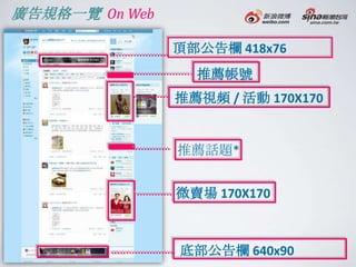 廣告規格一覽 On Web

                頂部公告欄 418x76
                  推薦帳號
                推薦視頻 / 活動 170X170


                推薦話題*


                微賣場 170X170



                底部公告欄 640x90
 