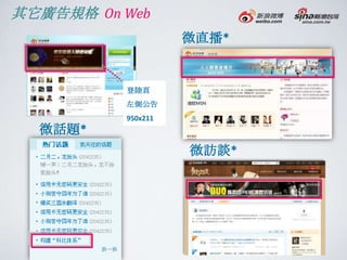 其它廣告規格 On Web
                    微直播*


          登陸頁
          左側公告
          950x211
  微話題*
                    微訪談*
 