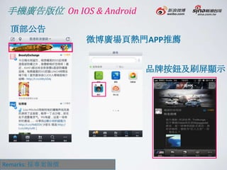 手機廣告版位 On IOS & Android
 頂部公告
                 微博廣場頁熱門APP推薦


                           品牌按鈕及刷屏顯示




Remarks: 採專案報價
 