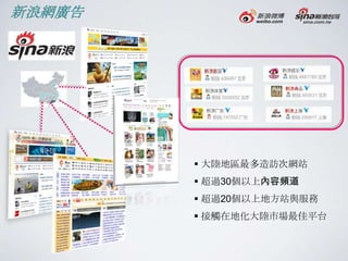 新浪網廣告




         大陸地區最多造訪次網站
         超過30個以上內容頻道
         超過20個以上地方站與朋務
         接觸在地化大陸市場最佳平台
 