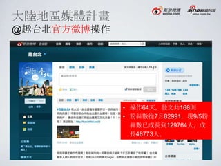 大陸地區媒體計畫
@趣台北官方微博操作




             • 操作64天，發文共168則
             • 粉絲數從7月82991，現9/5粉
               絲數已成長到129764人，成
               長46773人。
 