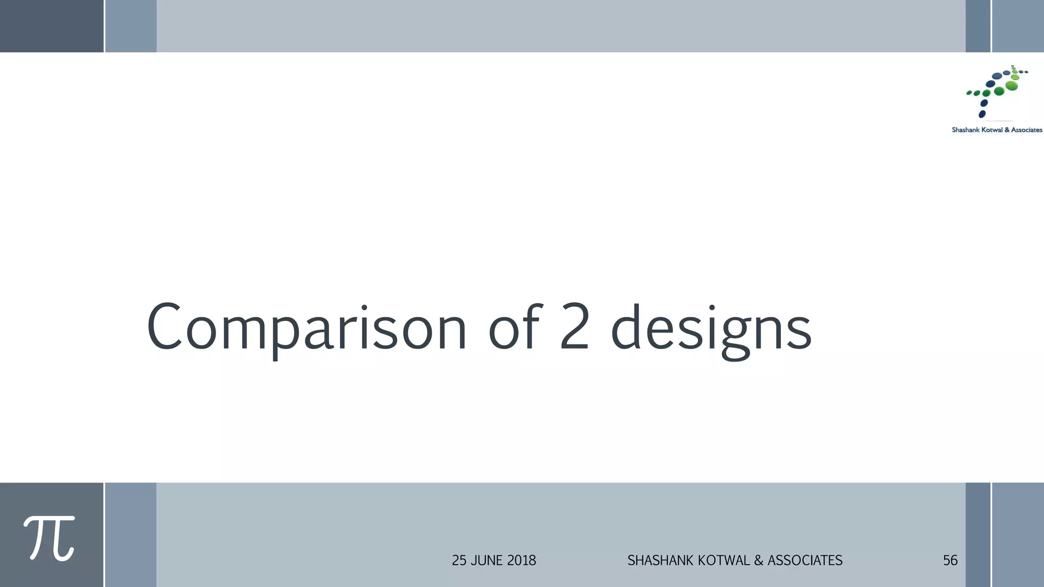 Comparison of 2 designs
25 JUNE 2018 SHASHANK KOTWAL & ASSOCIATES 56
 