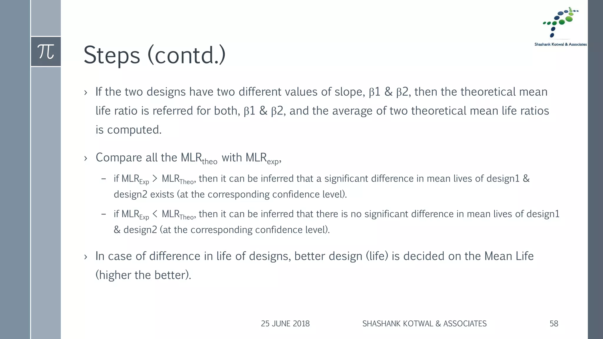 Steps (contd.)
› If the two designs have two different values of slope, β1 & β2, then the theoretical mean
life ratio is referred for both, β1 & β2, and the average of two theoretical mean life ratios
is computed.
› Compare all the MLRtheo with MLRexp,
– if MLRExp > MLRTheo, then it can be inferred that a significant difference in mean lives of design1 &
design2 exists (at the corresponding confidence level).
– if MLRExp < MLRTheo, then it can be inferred that there is no significant difference in mean lives of design1
& design2 (at the corresponding confidence level).
› In case of difference in life of designs, better design (life) is decided on the Mean Life
(higher the better).
25 JUNE 2018 SHASHANK KOTWAL & ASSOCIATES 58
 