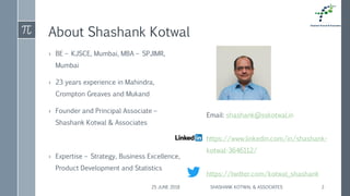 About Shashank Kotwal
› BE – KJSCE, Mumbai, MBA – SPJIMR,
Mumbai
› 23 years experience in Mahindra,
Crompton Greaves and Mukand
› Founder and Principal Associate –
Shashank Kotwal & Associates
› Expertise – Strategy, Business Excellence,
Product Development and Statistics
25 JUNE 2018 SHASHANK KOTWAL & ASSOCIATES 2
Email: shashank@sskotwal.in
https://www.linkedin.com/in/shashank-
kotwal-3646112/
https://twitter.com/kotwal_shashank
 
